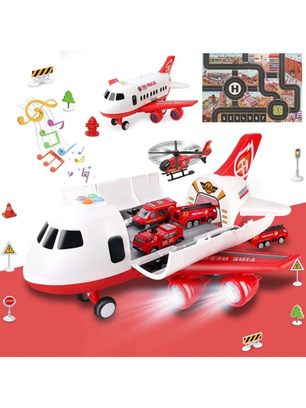 Airplane Toy Set with Fire Truck Cars & Play Mat - Lights & Sounds for Kids 3